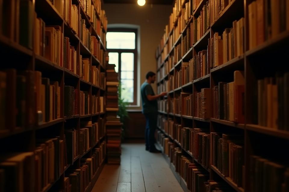 Vana raamatupoe interjöör riiulitega täis vanu raamatuid