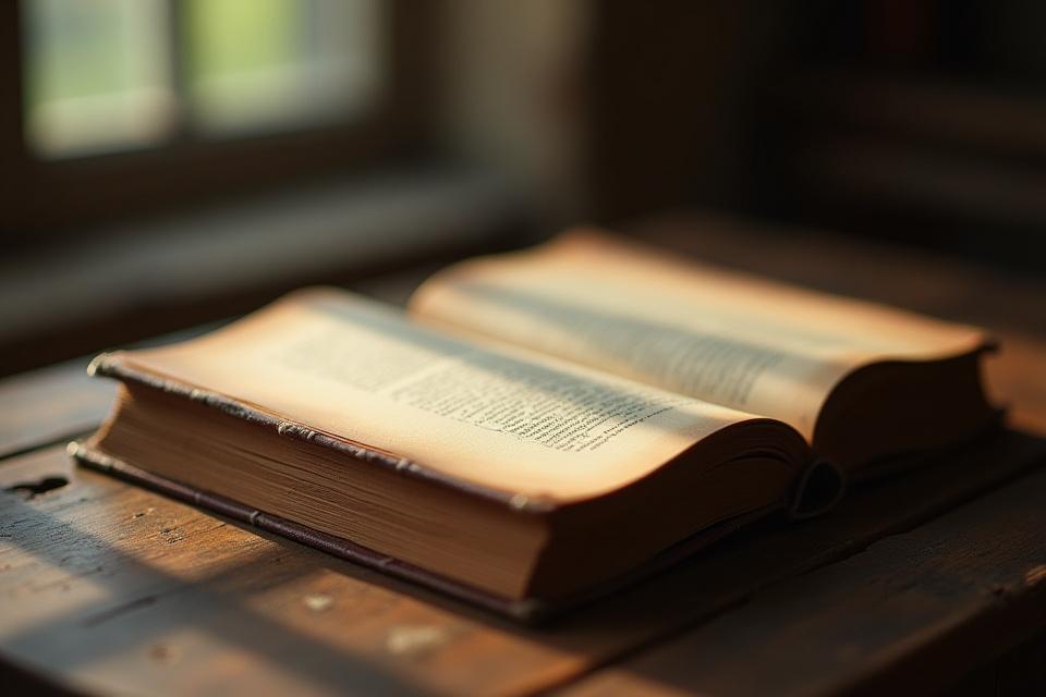 Vana, nahkköitega raamat, mille lehekülgedel on näha kulumismärke, asetseb puidust laual pastoraalses valguses.