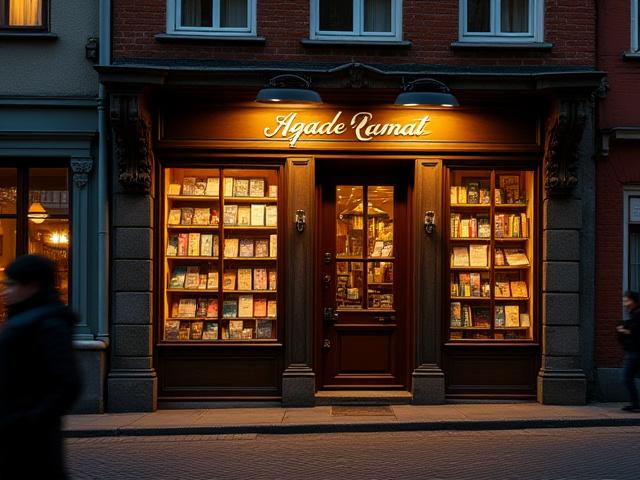 Aegade Raamat poe esikülg Pikk Jalg tänaval Tallinna vanalinnas videvikutunnil, hubaselt valgustatud