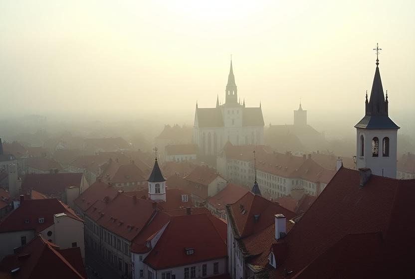 Tallinna vanalinn Toompea mäelt vaadatuna, majade kohal udune hommik