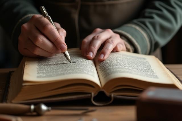 Käsitsi restaureeritav vana raamat, avatud, näidates lehti ja nahkköidet.