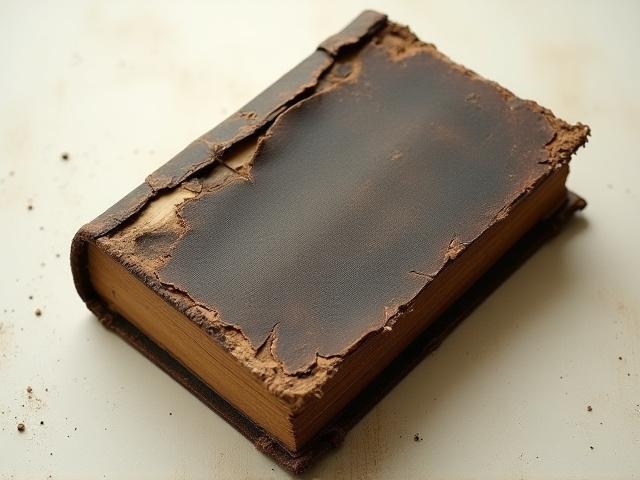 Katkine, lagunenud vana raamat enne restaureerimist.