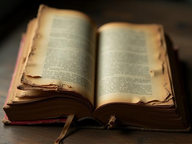 Raamat, mille kaaned on lahti tulnud ja lehed kollased ning rebenenud.
