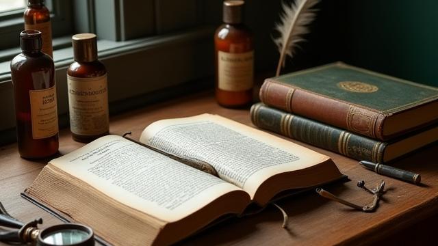 Antiikraamatu hooldusvahendid ja toolid laua peal