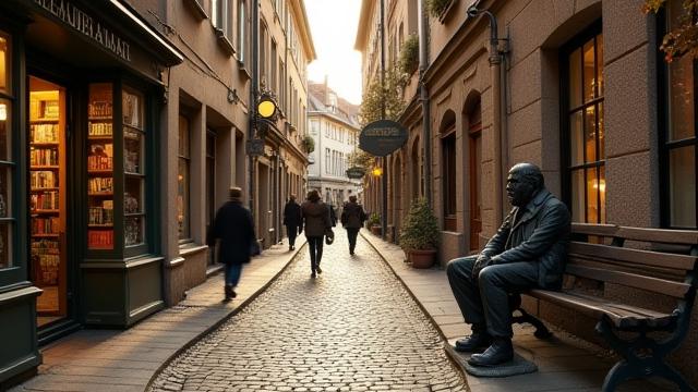 Vanalinna tänav raamatupoe sildi ja kirjaniku kujuga