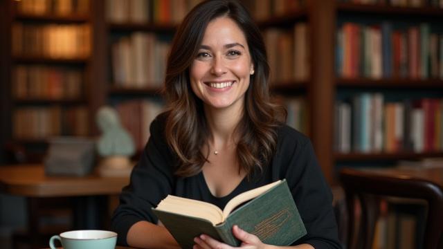 Portree naiskirjanikust, kes tutvustab oma raamatut